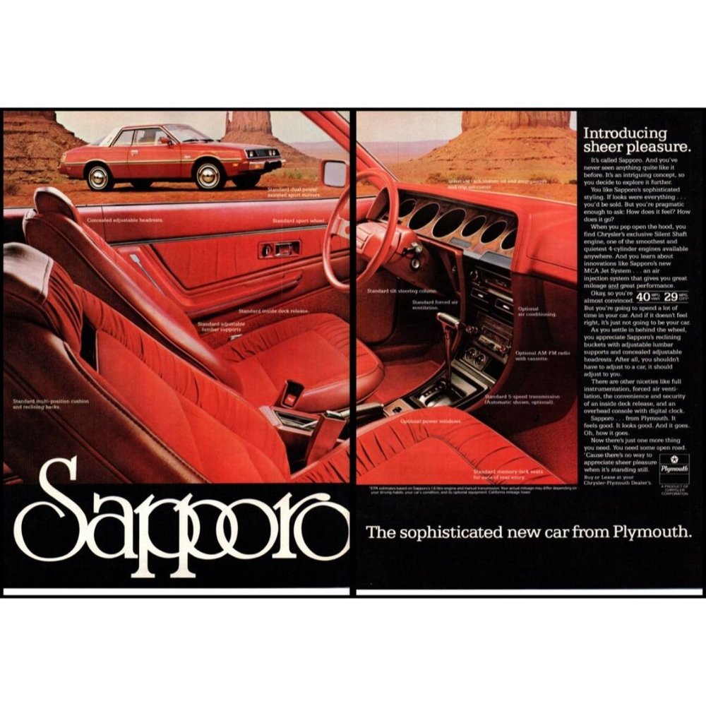 1978 Plymouth Sapporo 2 Door Vintage Print Ad Japanese Compact Car 70s Wall Art